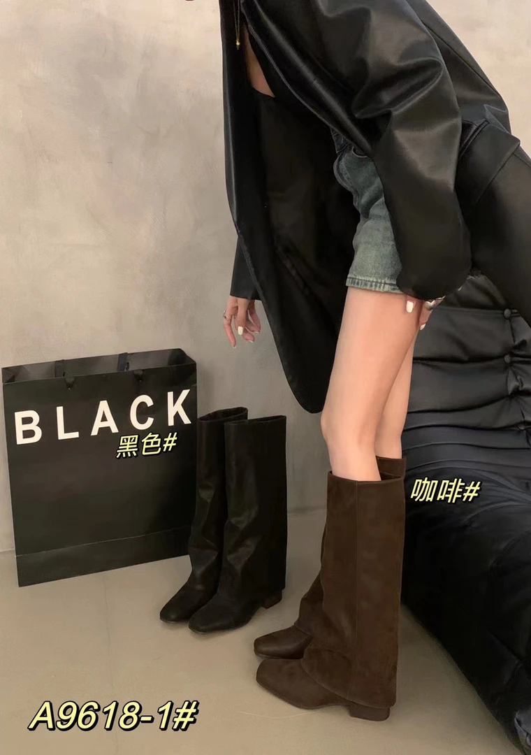 2024秋季新款小众粗跟棕色美拉德长靴中筒裤管靴骑士长筒弹力靴