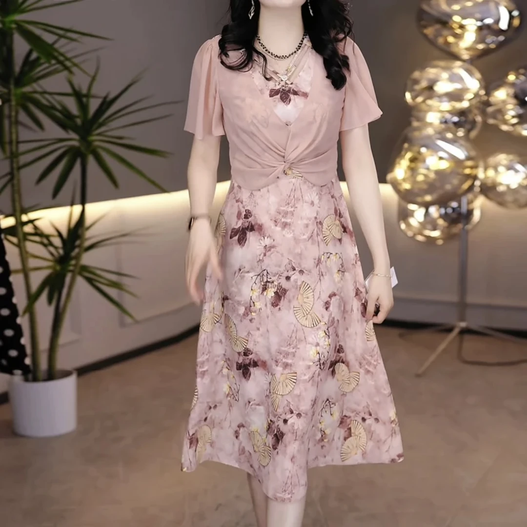 假两件短袖连衣裙女2024夏季新款妈妈显瘦高档碎花长裙子M-4XL