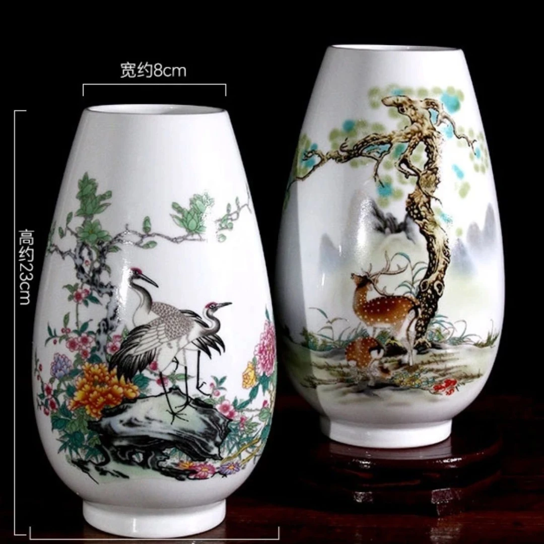 景德镇陶瓷鹤鹿同春粉彩对瓶中式国风摆件花瓶陶瓷客厅桌面新中式