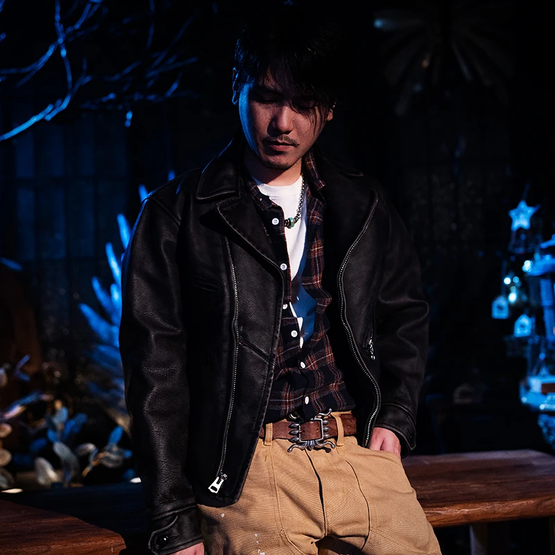 莫臣做旧水洗酵素褪色小牛皮机车夹克骑行皮衣外套男装黑色G915
