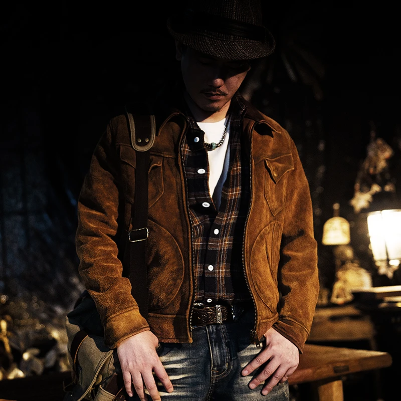 莫臣男装牛皮皮衣反绒夹克复古做旧美式门多萨短款皮夹克FR2462