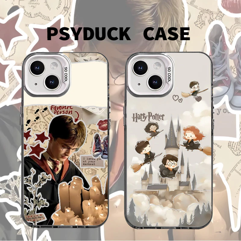 适用苹果15华为一加小米镂空哈利波特彩银白底动漫防摔手机壳