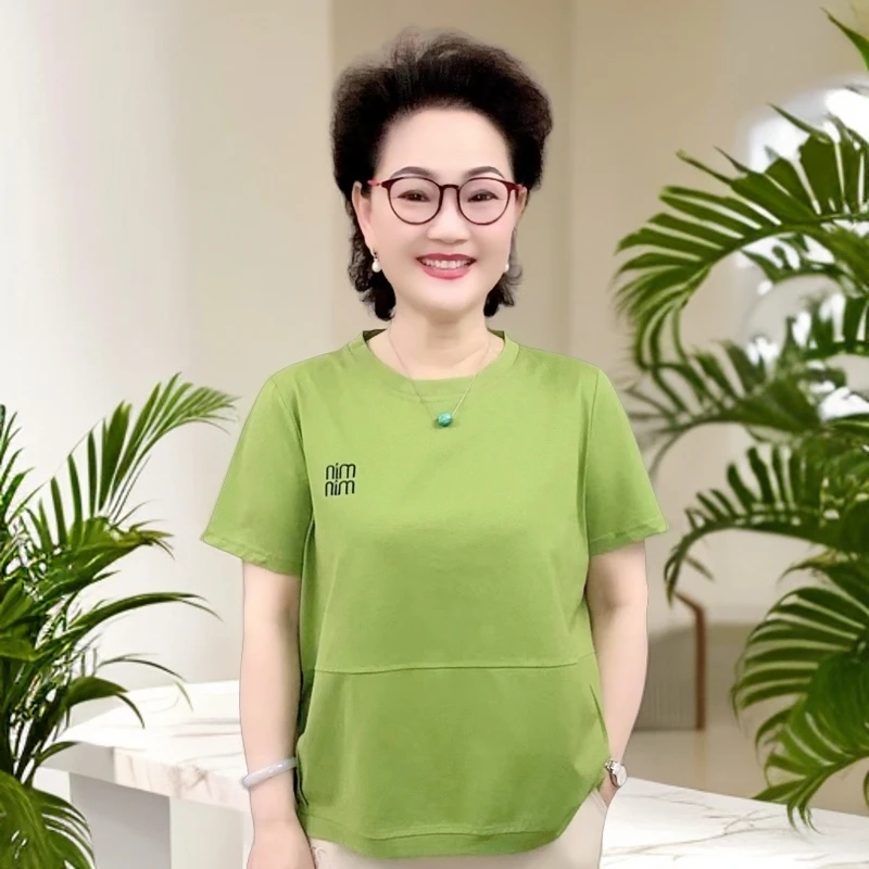 清唐姐优选24夏季圆领遮肉纯色简约休闲百搭中老年洋气018aT恤