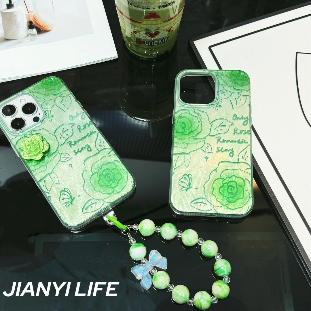 简约ins风晕染线条绿玫瑰立体贴饰手机壳适用苹果15promax高级感