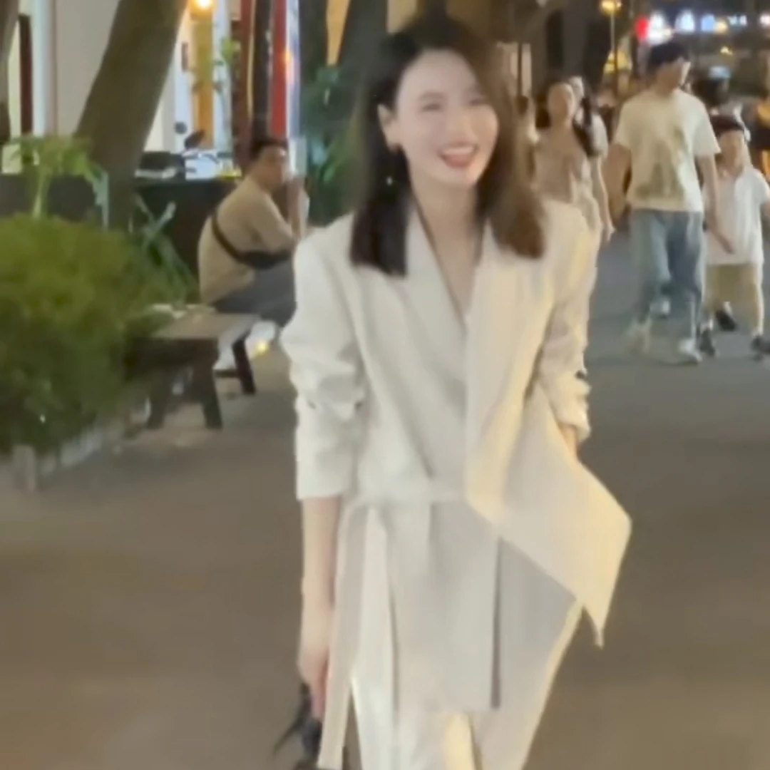 2023年春秋装新款套装宽松系带外套洋气减龄职业西装阔腿裤两件套
