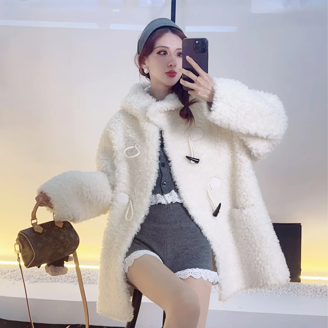 2024新款女款秋冬100羊毛连帽牛角扣韩系百搭时尚保暖必备