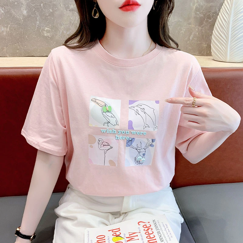 时尚简约印花正肩短袖T恤女2023夏季新款潮流女装圆领半袖上衣服