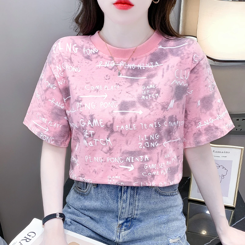 正肩短袖t恤女士夏季韩版宽松百搭洋气半袖体恤时尚印花上衣ins潮