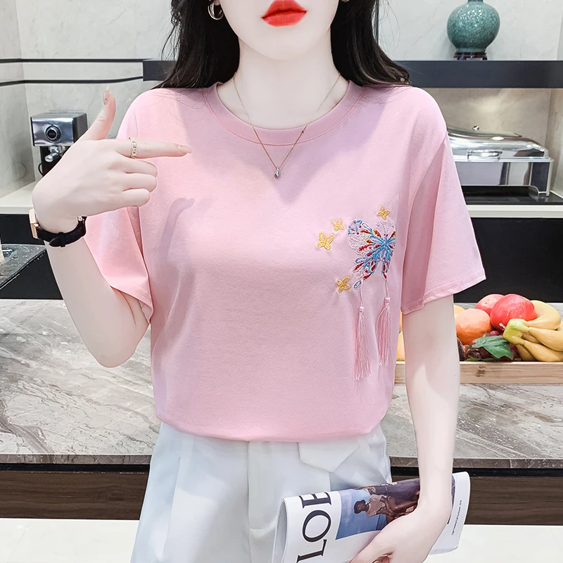新中式刺绣T恤女装夏季国风设计感小众宽松显瘦时尚短袖上衣