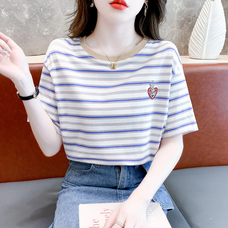 2024夏季新款短袖T恤宽松百搭减龄显瘦条纹刺绣上衣女设计感小众