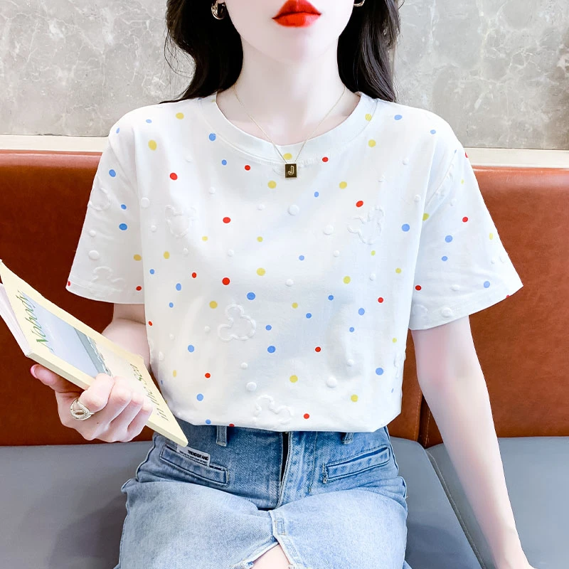 白色印花短袖T恤女夏装2024新款休闲百搭洋气漂亮别致体恤上衣女