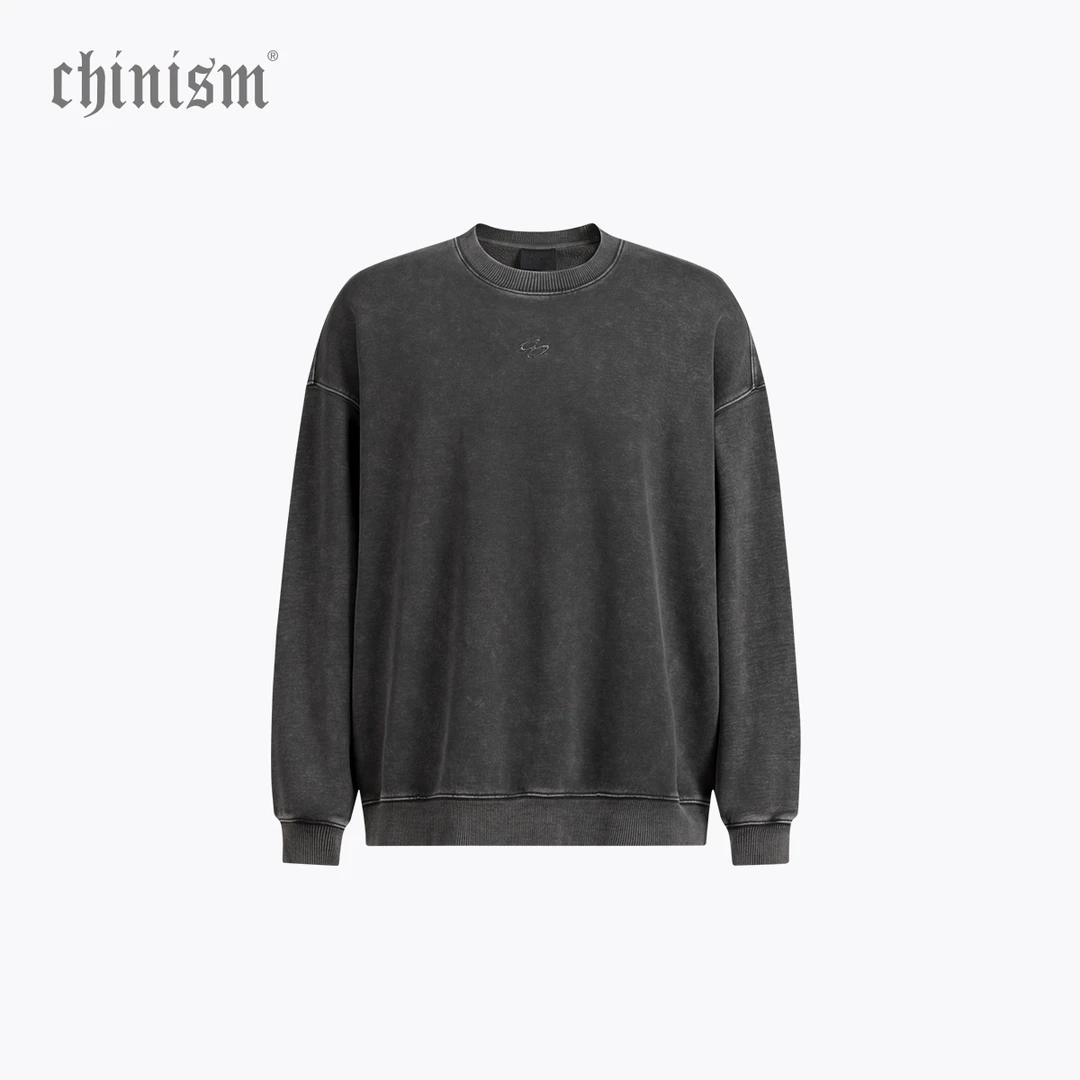 【黑水系列】CHINISM赤尘 做旧水洗毛边圆领卫衣男新款