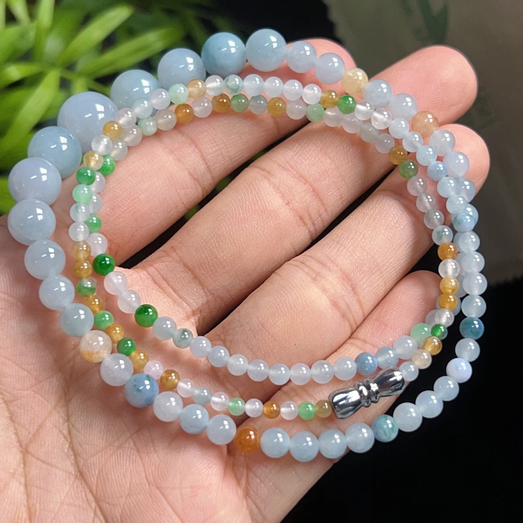 天然缅甸翡翠A货，冰种起胶多宝塔链手串珠链，卡2.9-10.9