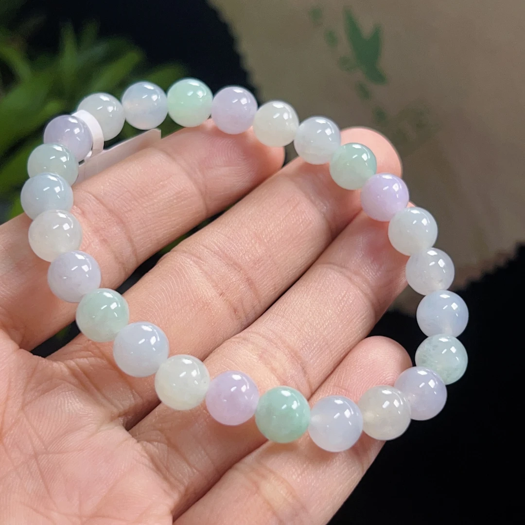 天然缅甸翡翠a货糯冰起胶马卡龙系列手串珠链卡时尚单圈冰透