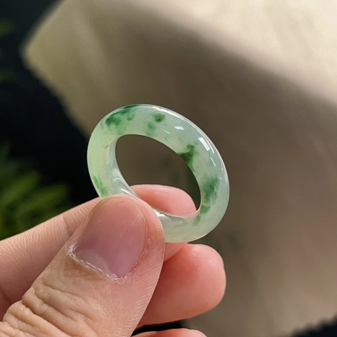 天然翡翠冰种起胶飘蓝花戒圈吊坠内径卡绿色满绿时尚