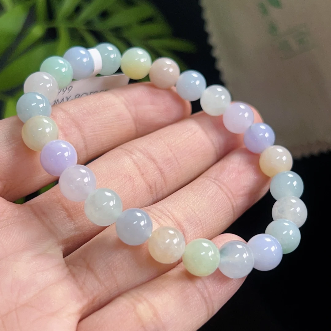 天然缅甸翡翠A货糯冰起胶马卡龙系多宝仙女奶油色手串珠链卡7.4