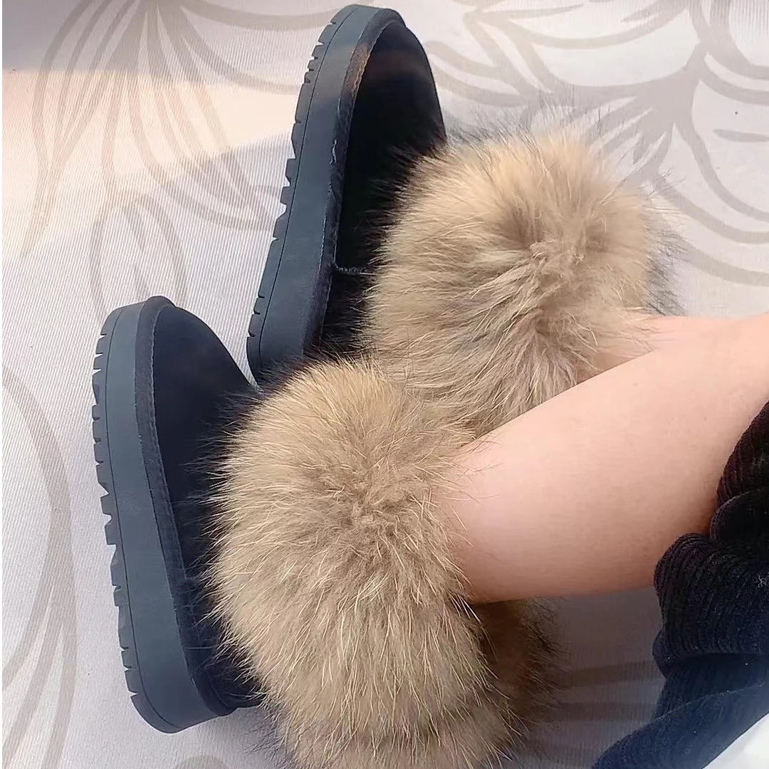 头层牛皮磨砂皮真狐狸毛时尚女鞋加绒保暖厚底雪地靴冬季百搭靴子