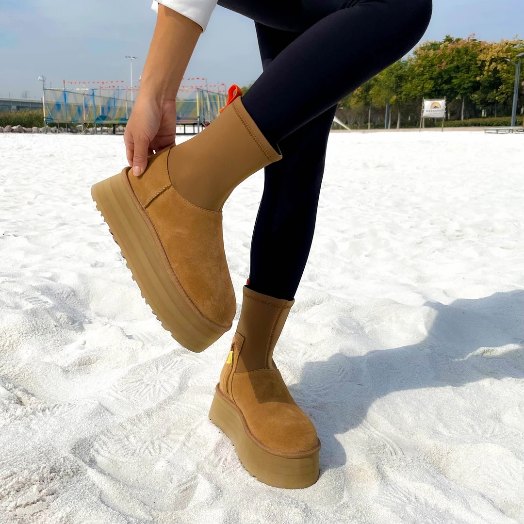 宋妍霏5厘米雪地靴女增高厚底棉鞋短靴子2023秋冬保暖弹力袜靴子
