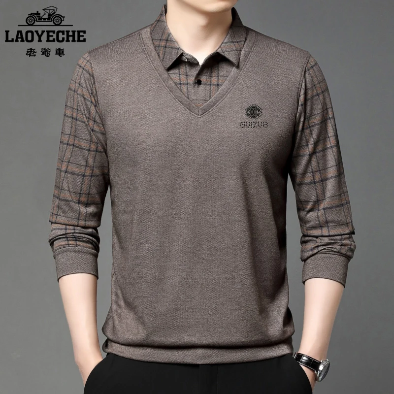 老爷车春秋季假两件polo衫翻领休闲商务春季打底中年爸爸装上衣