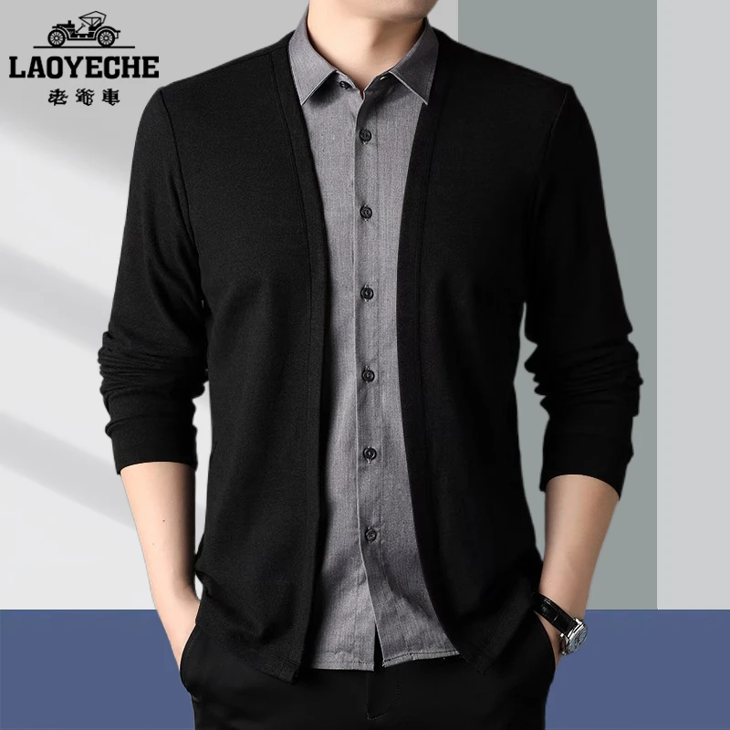 老爷车春秋季男士高档长袖时尚商务休闲百搭纯色针织开衫假两件套