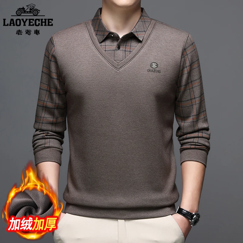 老爷车秋冬季加绒加厚假两件polo衫翻领商务休闲中年爸爸装上衣
