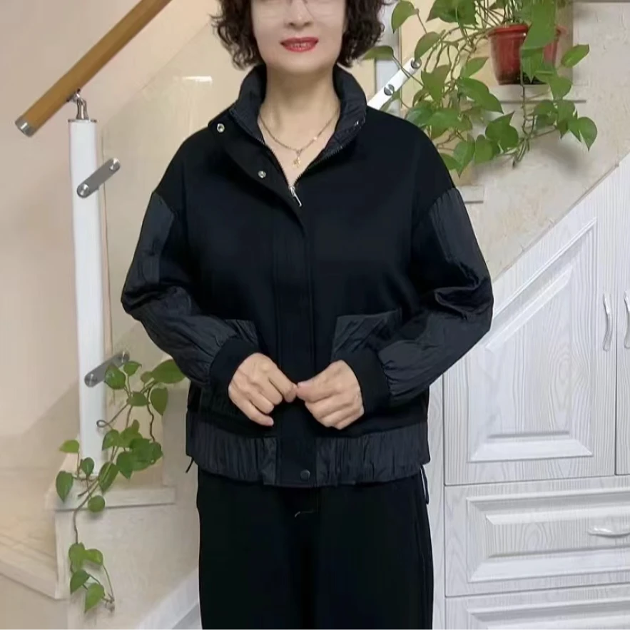 《高端品质》秋季洋气拼接时尚百搭连帽休闲简约经典秋冬妈妈外套