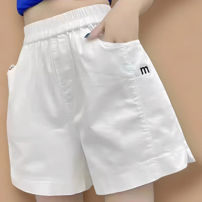 《专柜品质》夏季时尚女士高腰百搭松紧腰宽松薄款显瘦白色5分短裤