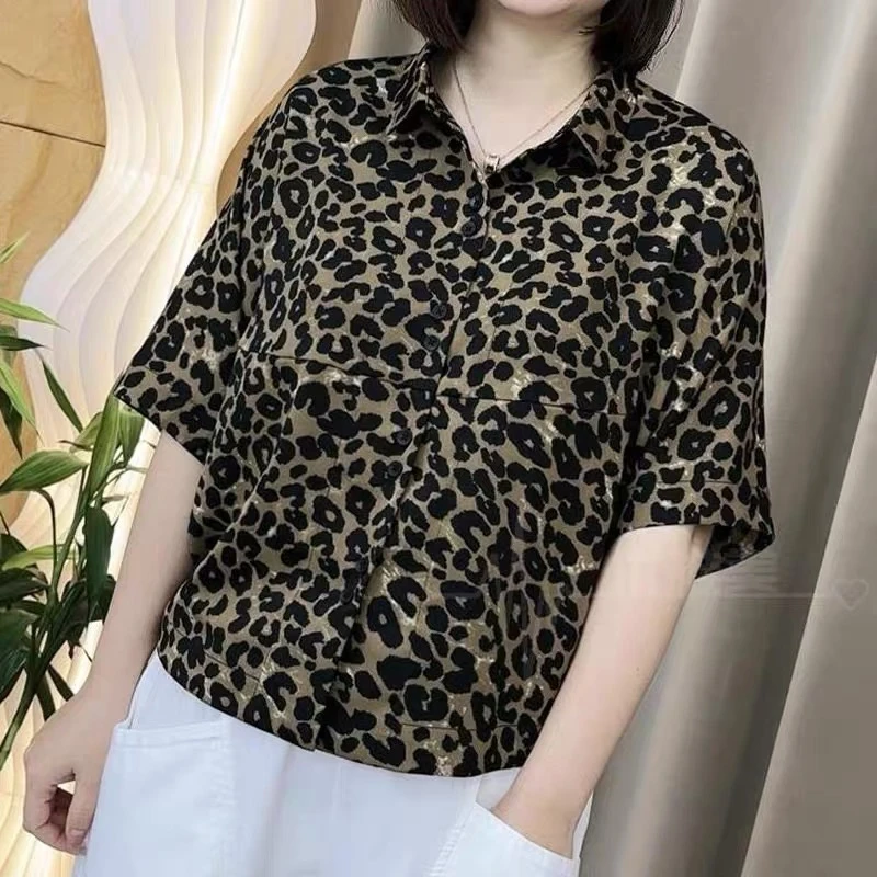 《专柜品质》夏季洋气气质豹纹薄款休闲百搭衬衫衬衣女士上衣妈妈装