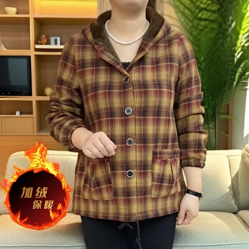 《专柜品质》冬季新款洋气休闲减龄宽松连帽加绒格子外套妈妈上衣