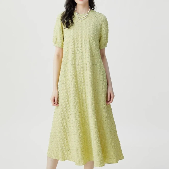 【商场同款】泡泡袖连衣裙夏季复古肌理感宽松圆领中长裙女5500534