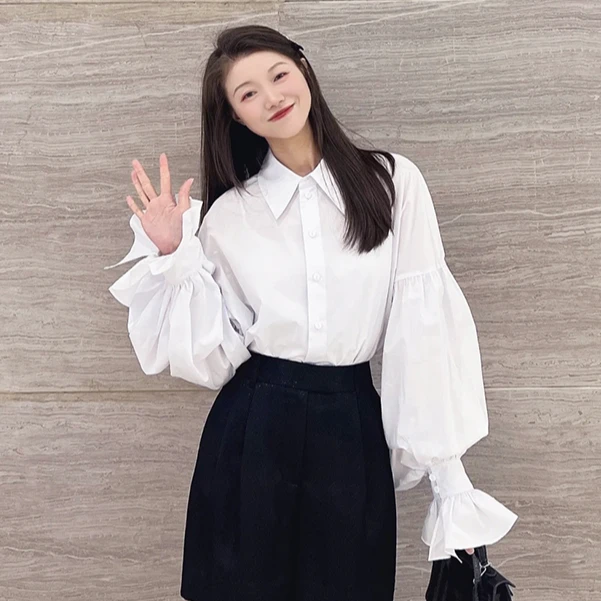 【商场同款】翻领泡泡袖衬衫早秋新款气质纯色荷叶边上衣女5301042