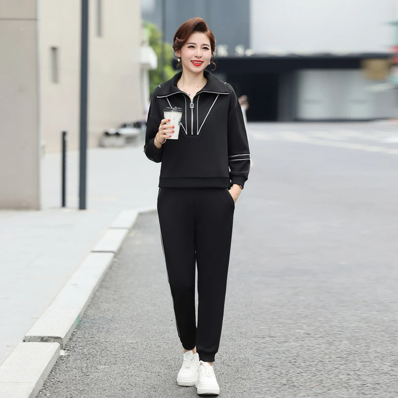 春秋新款运动休闲套装时尚妈妈装显瘦减龄女士洋气宽松两件套