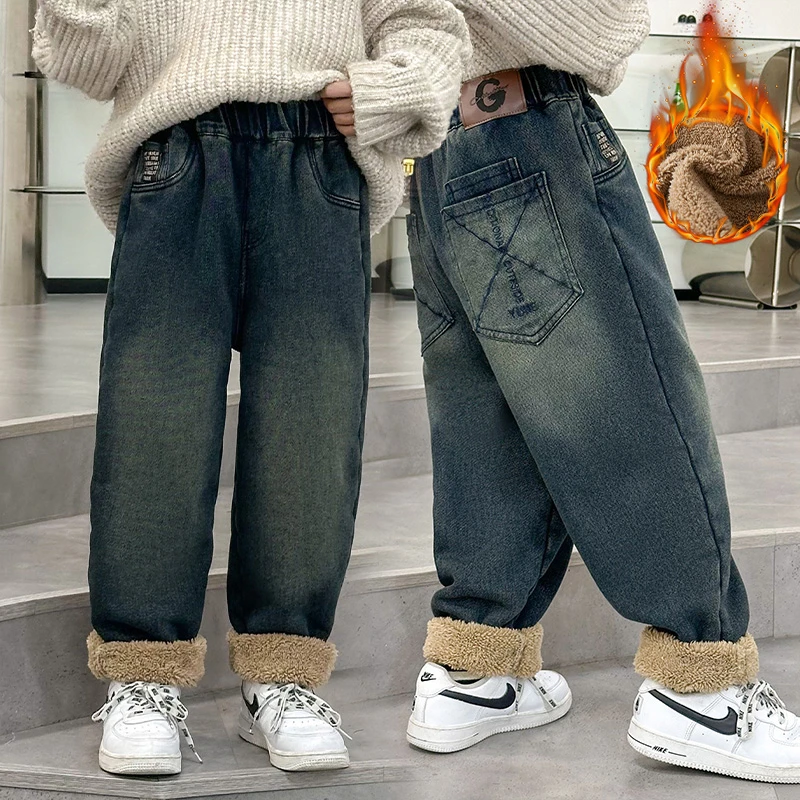 加毛长毛绒2023男童冬季加绒加厚牛仔裤新款儿童冬装裤子一条过冬