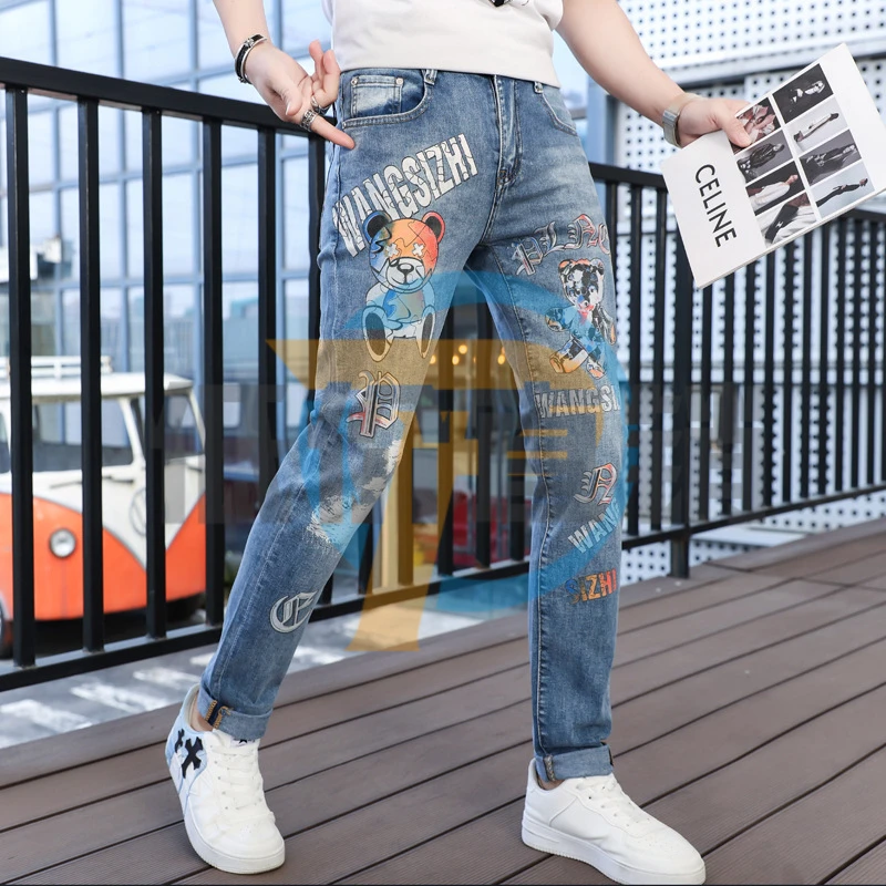 浅色牛仔裤男高街裤子水洗帅气休闲长裤夏季薄款欧货街头熊猫印花
