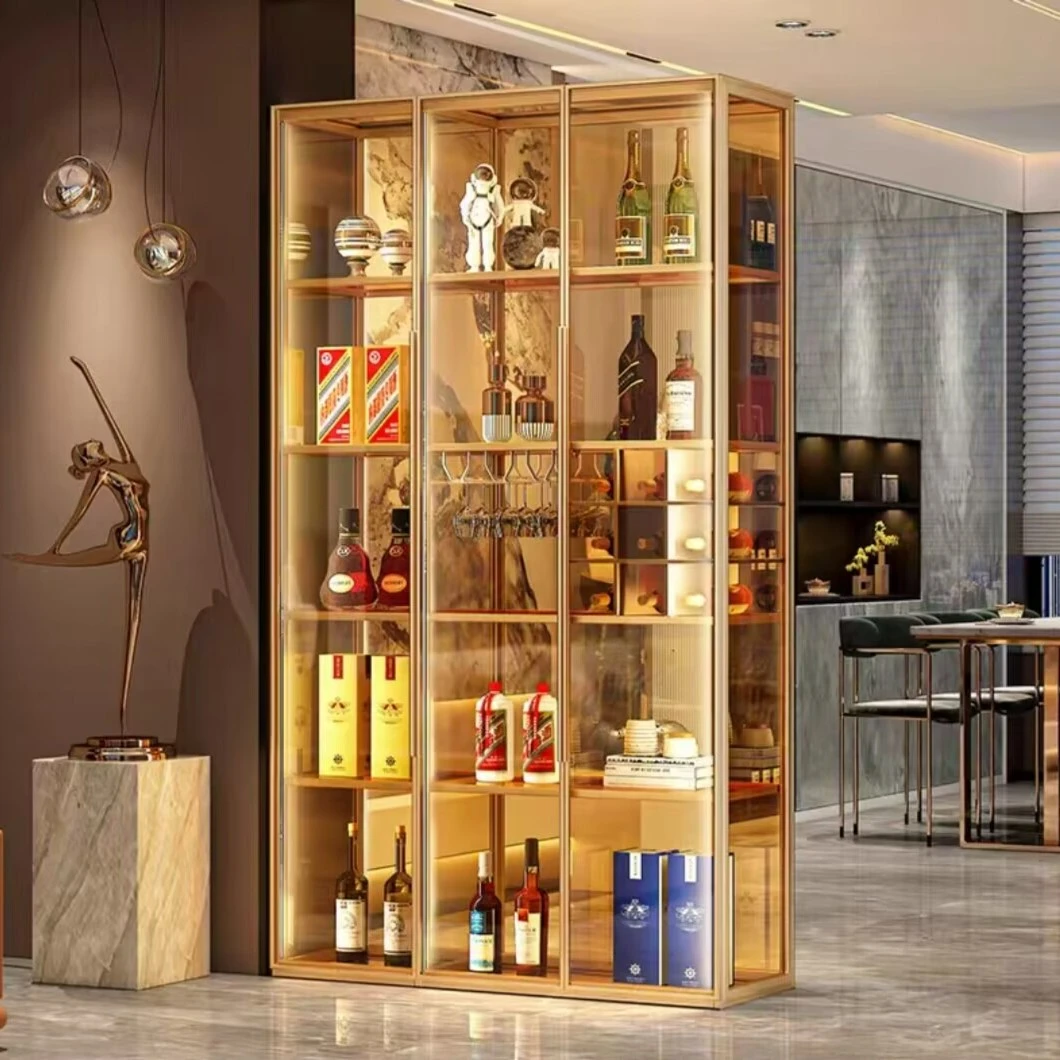 轻奢酒柜铝合金钢化玻璃门一体客厅靠墙高档收纳柜带灯带展示柜