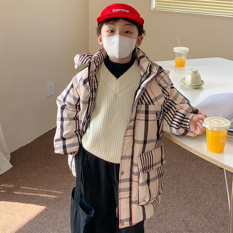 男童羽绒服中长款经典格子连帽加绒90绒保暖韩版冬季洋气新款外套