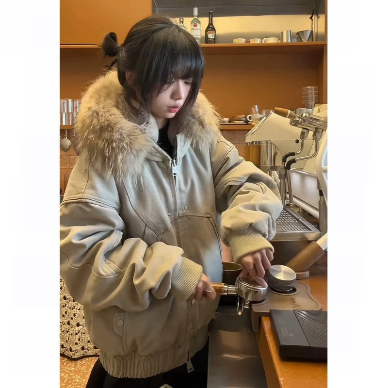 catsstac座山雕夹克棉服男款冬季加绒加厚大毛领连帽cleanfit外套