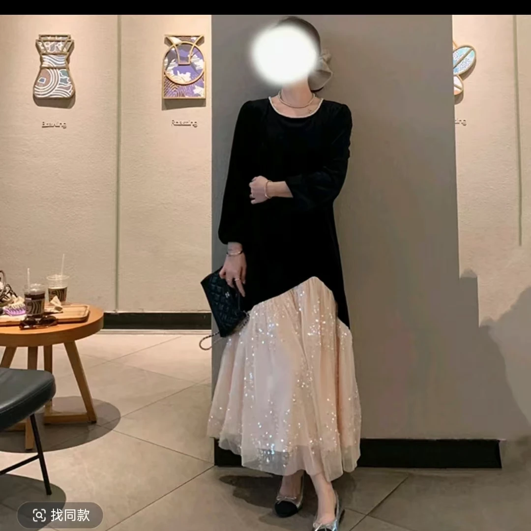 【西西专属】秋冬打底内穿丝绒亮闪闪拼接宽松显瘦大码丝绒连衣裙