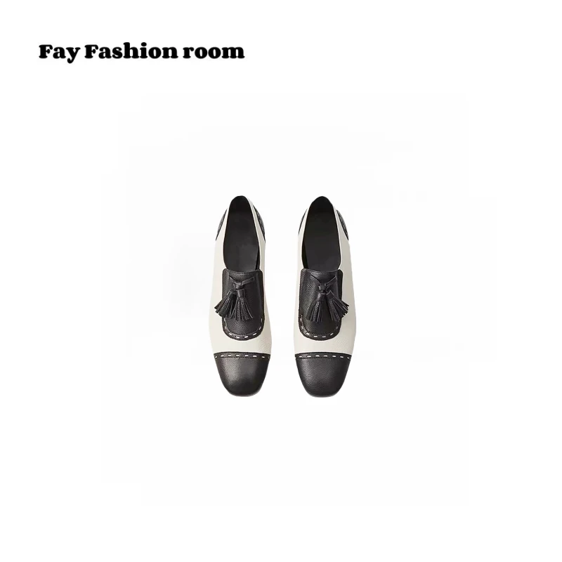 FAY | “经典黑白”  复古拼接流苏平底鞋