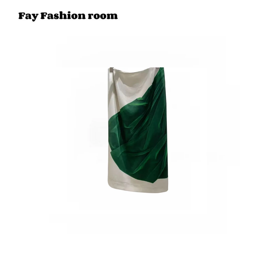 绿色印花半裙律动之美立体裁剪开叉浪漫女装半身裙高腰百搭款人气