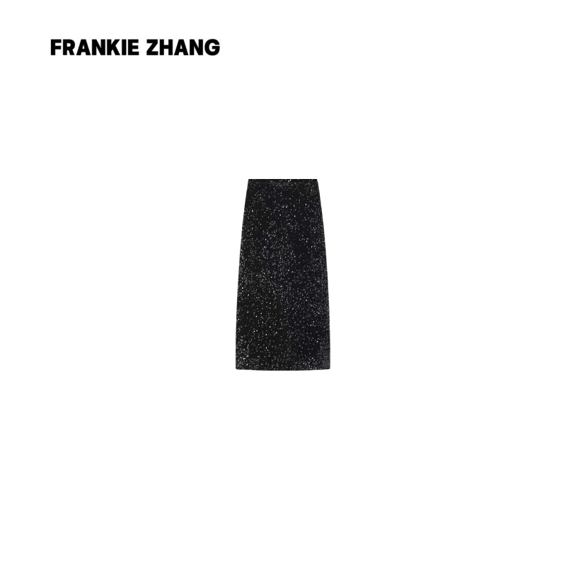 ”优雅精工“bling亮片半身裙复古闪片包臀后开叉黑色半身裙松紧腰