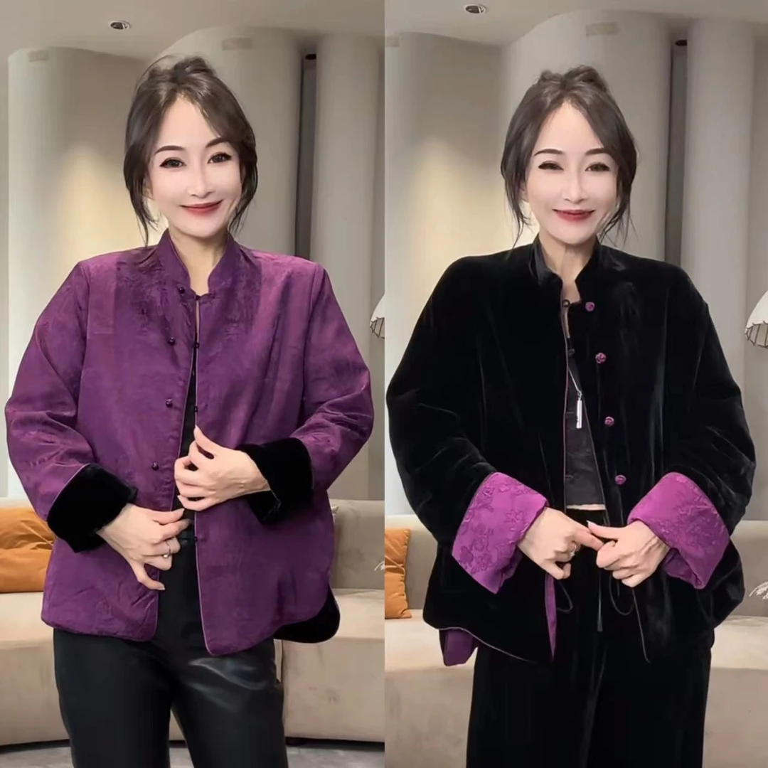 清荷国风《紫气东来》100桑蚕丝丝绒新中式国风双面双穿外套中国风