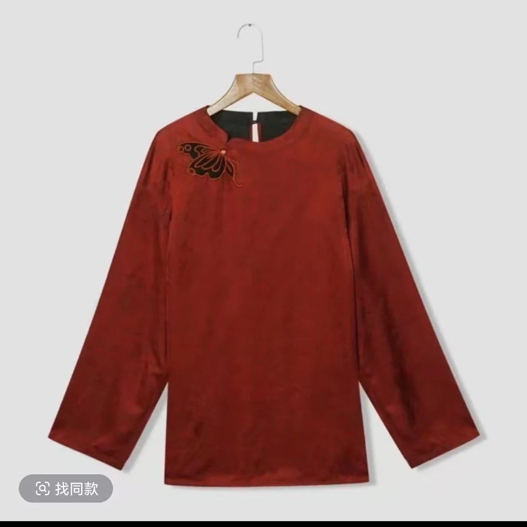 安可拉红香云纱蝴蝶镂空刺绣上衣