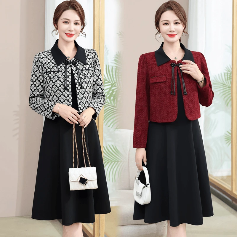妈妈秋装套装新款高贵中老年女装春秋小香风外套连衣裙洋气两件套
