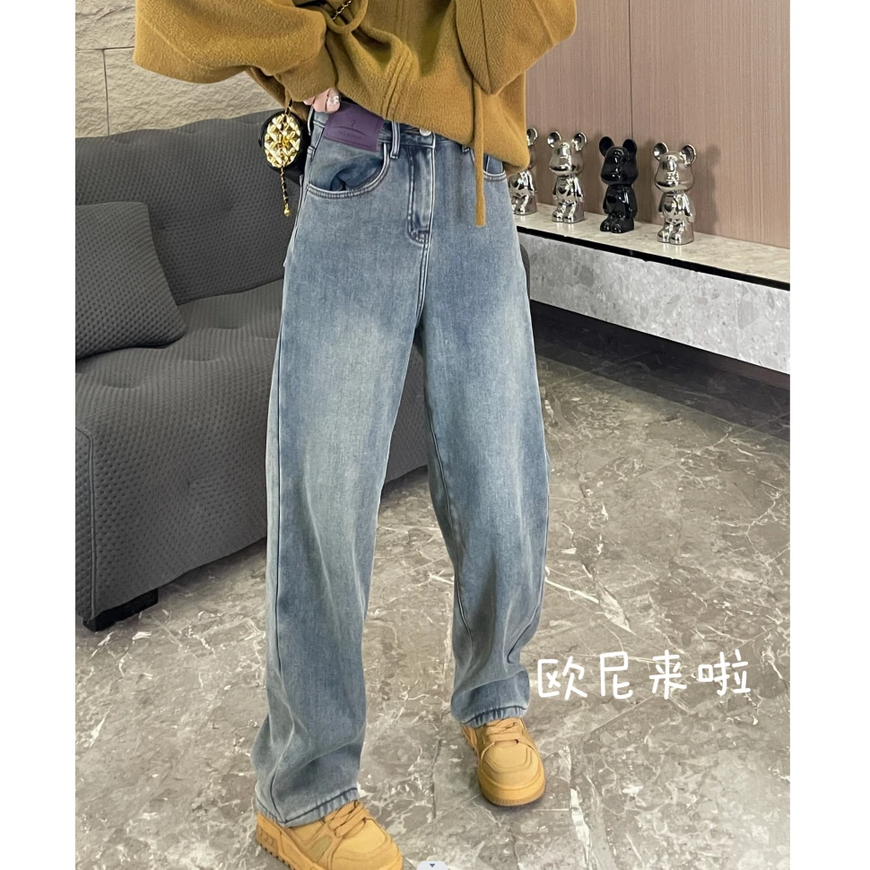 YouYou【M绒裤】加绒宽松时尚百搭宽松韩版潮流水洗牛仔裤KZ1662