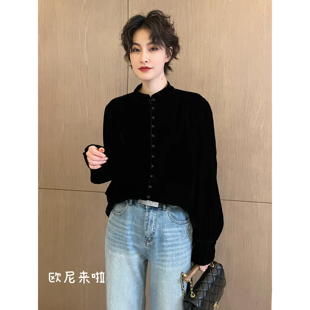 YouYou【黑奢】定制丝绒高级单排扣女圆领 / 欧洲宫廷风衬衫CS5389N