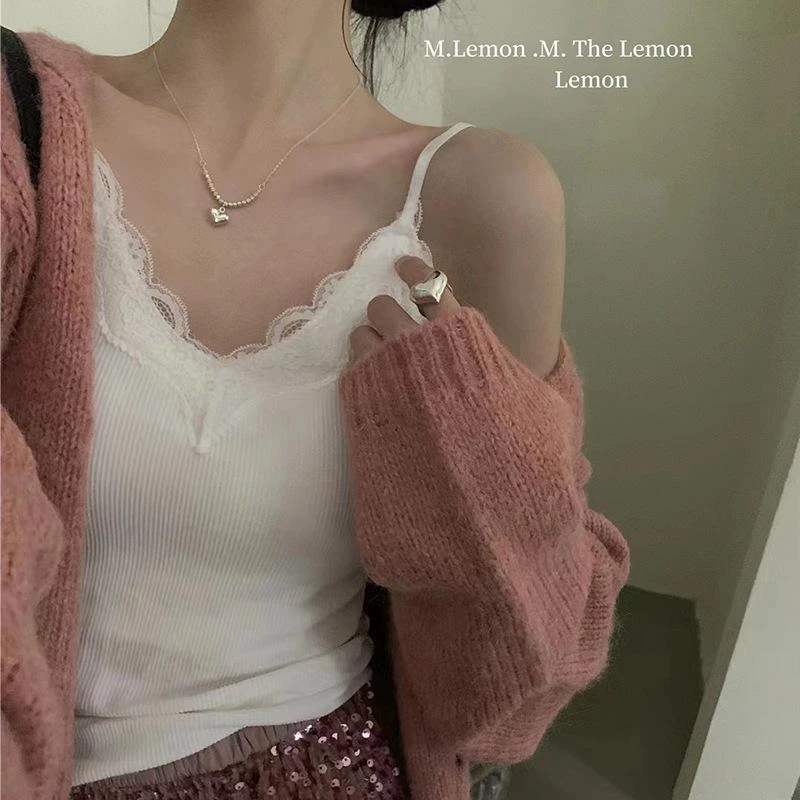 新款棉蕾丝吊带背心女带胸垫白色百搭打底秋冬外穿辣妹上衣高级感