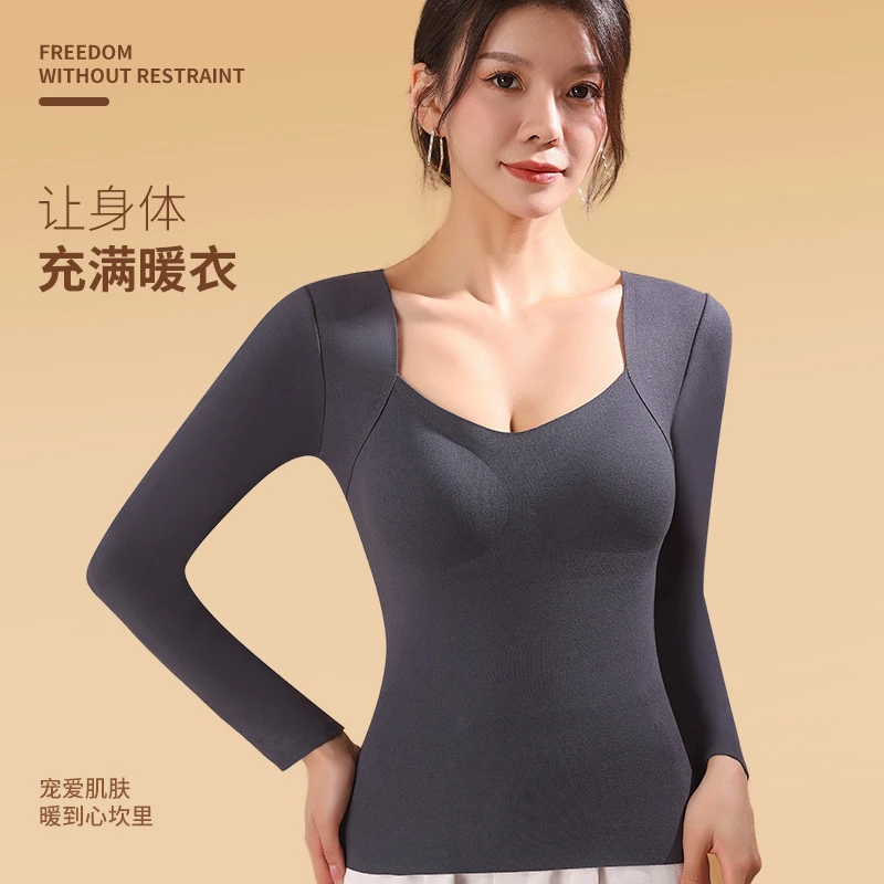 打底衫恒温大码带胸垫无痕上衣内衣德绒女士保暖保暖秋冬高弹长袖