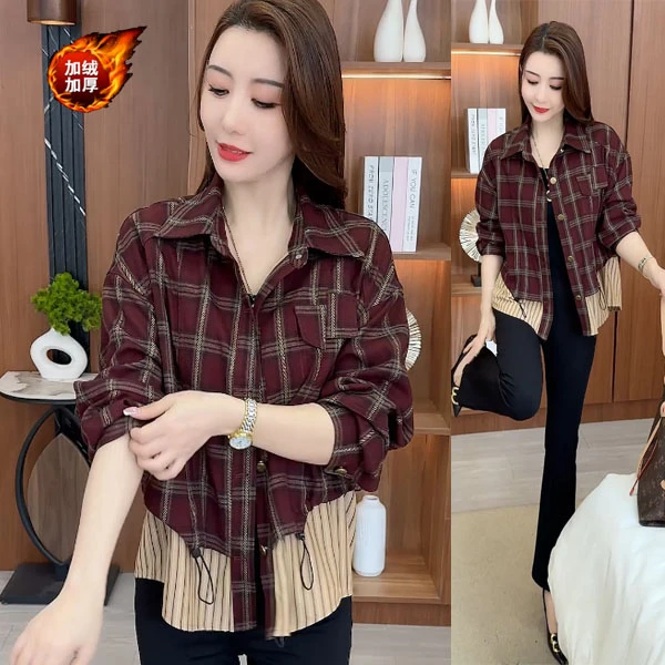 2024大码女装外套拼接百搭休闲时尚加绒秋冬宽松显瘦格子短外套