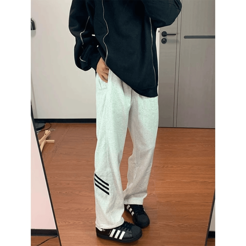 三条杠加绒重磅休闲卫裤男秋冬美式复古潮牌宽松直筒阔腿运动卫裤